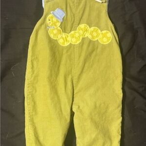 Vintage Kids Green Corduroy Reversible Overalls with Caterpillar Design